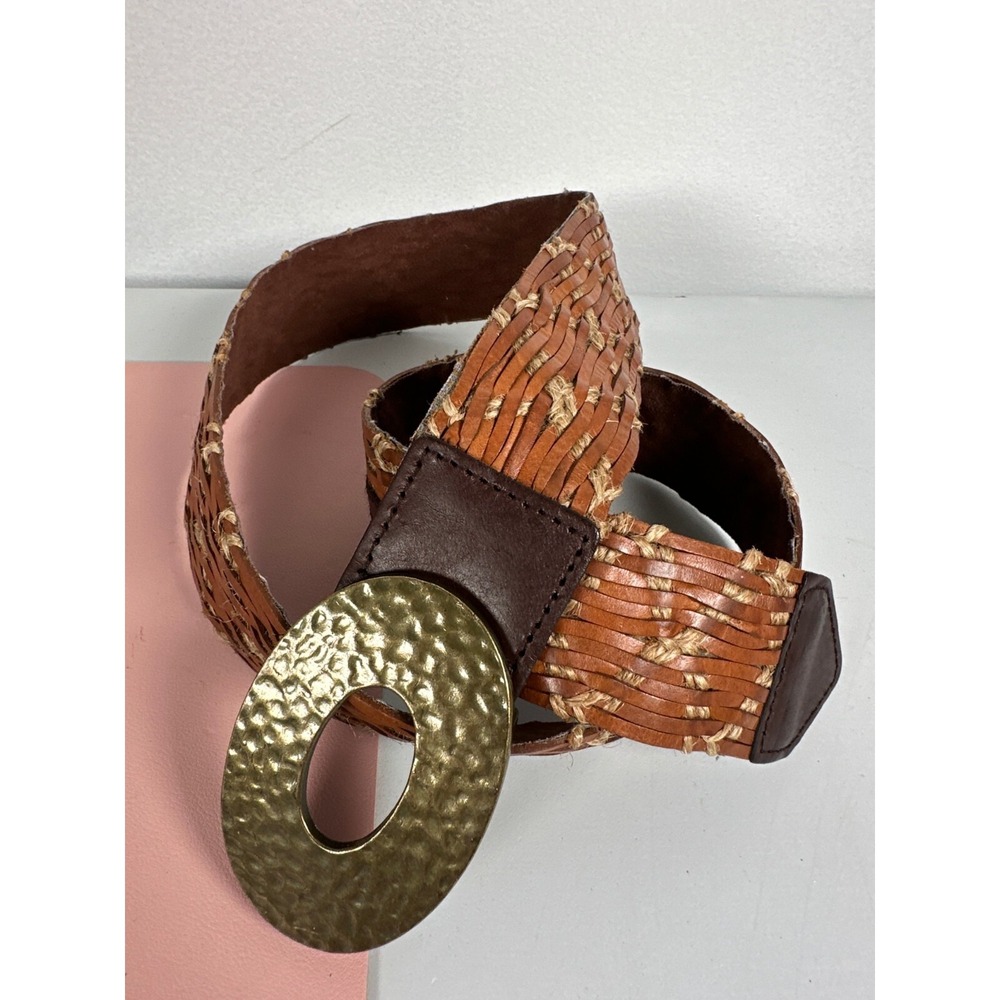 Womens Belt Large Leather Oval Gold Tone Buckle Adjustable Brown Woven Boho